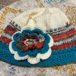 Colorful hand knit Beanie with Floral Accent
